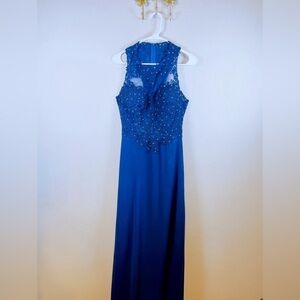 Cachet Formal Blue Sleeveless Dress w/Lace & Rhinestone Detailing. Size 8